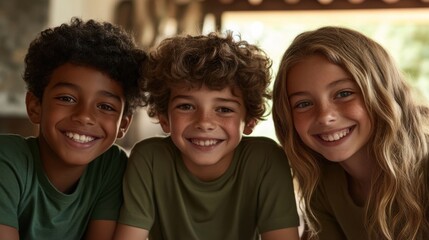 Wall Mural - A closeup of three cheerful children, two girls and one boy, with varied skin tones