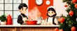 © Wasana - Chinese New Year family gathering concept. Cheerful animated chefs cooking in a cozy kitchen setting.