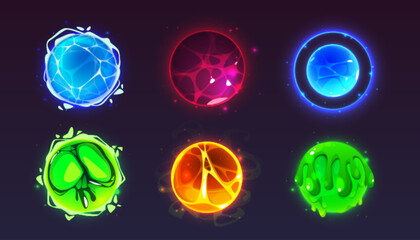 Poster - Glowing magical orbs in various colors - blue, red, green, and yellow, with unique textures and patterns. Vibrant mystical balls for fantasy game ui design elements. Spheres with neon light effect.