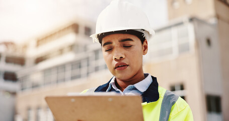Poster - Roof, clipboard and woman with construction in city for inspection, urban development or planning. Engineering, architecture and female civil contractor with building layout document on site in town.