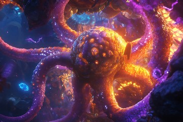 Wall Mural - a vibrant underwater scene featuring a glowing octopus amidst coral and marine life.