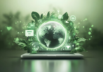 Wall Mural - A futuristic, sleek laptop is placed at the center, its screen displaying a globe, environment concept.