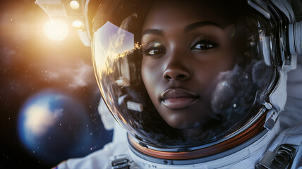 Wall Mural - Female astronaut, African American woman in space in spacesuit