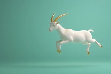Wall Mural - minimalist goat caught mid-leap, symbolizing Capricorn's ambitious nature. The goat is pastel beige with metallic gold horns