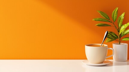 Poster - Cozy workspace with a cup of coffee and a potted plant on an orange table in a modern minimalist interior