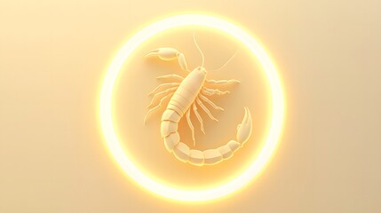 Wall Mural - 3D minimalist cartoon of a scorpion inside a glowing circular frame. The scorpion is pastel beige with rounded edges, and its tail forms a perfect spiral