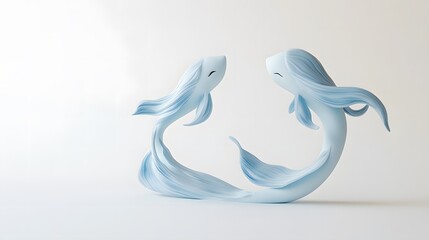 Wall Mural - 3D minimalist cartoon design of a Pisces character, with two fish jumping in a graceful arc around the figure