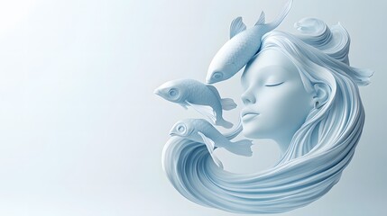 Wall Mural - minimalist cartoon design of a Pisces character, with two fish jumping in a graceful arc around the figure