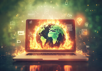 Wall Mural - A futuristic, sleek laptop is placed at the center, its screen displaying a globe, environment concept.