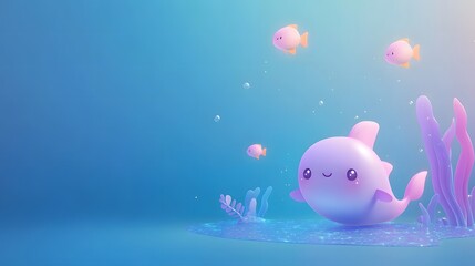 Wall Mural - 3D minimalist cartoon Pisces standing in a deep blue ocean with glowing fish swimming around