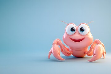 Wall Mural - 3D cartoon scorpion with oversized, friendly eyes and a cheerful expression. Its pastel pink body has rounded, smooth features