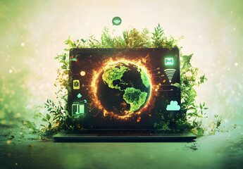 Wall Mural - A futuristic, sleek laptop is placed at the center, its screen displaying a globe, environment concept.