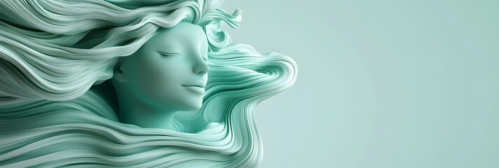 Wall Mural - Aquarius, with flowing water represented as abstract, curvy lines. The figure has pastel green skin and a serene expression,