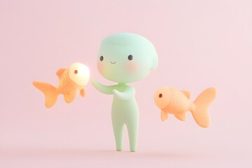 Wall Mural - 3D cartoon Pisces character holding a glowing goldfish in one hand while another swims nearby
