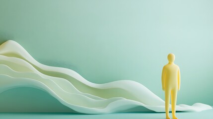 Wall Mural - 3D cartoon Aquarius standing in front of geometric shapes, with water flowing in sleek, angular lines