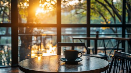 Aufkleber - Sunrise view through cafe window, coffee cup on table.