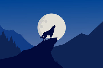 wolf howling on a cliff under a full moon isolated vector illustration