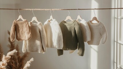 Poster - An assortment of beautifully knitted sweaters in earthy tones hangs on a twine line, illuminated by gentle sunlight filtering through a window, creating a warm and inviting atmosphere