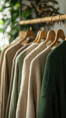 Fototapete - A collection of cozy sweaters neatly arranged on wooden hangers, showcasing a palette of earthy tones. Soft greenery provides a calming backdrop, enhancing the inviting atmosphere