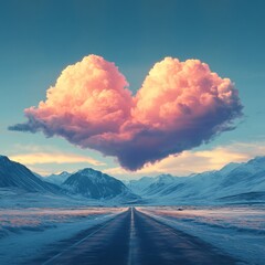 Aufkleber - A beautiful heart-shaped cloud floats gently in a clear sky, casting a warm glow over an empty road that winds through majestic mountains at twilight