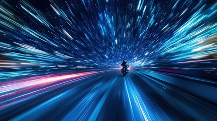 Poster - Nighttime adventure motorcycle rider on the road with motion blur under the starry sky, 8k Resolution