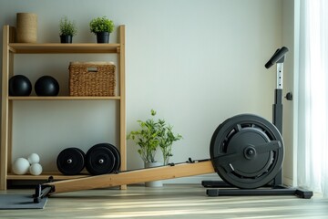 Wall Mural - A modern home gym setup featuring a rowing machine and weights on a shelf.