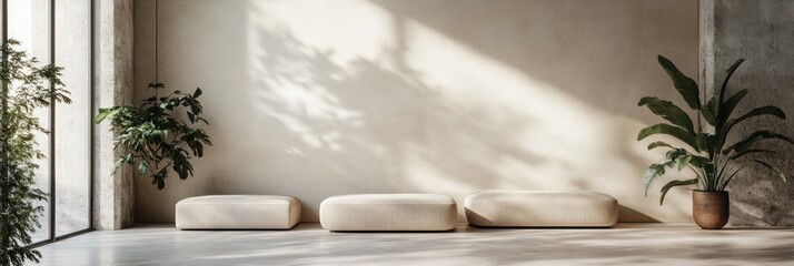 Aufkleber - A minimalist interior featuring soft seating and plants, emphasizing tranquility and design.