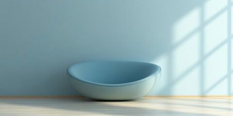 Poster - A minimalist blue bowl-shaped chair against a light blue wall in a serene space.