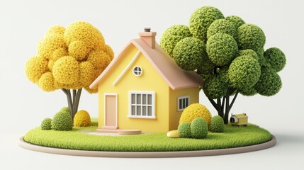 Poster - A whimsical, colorful house surrounded by stylized trees and shrubs on a grassy base.