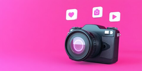 Aufkleber - A camera with social media icons on a pink background, symbolizing photography and sharing.