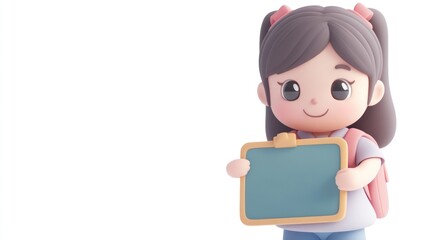 Poster - A cheerful cartoon girl with a backpack holding a chalkboard.