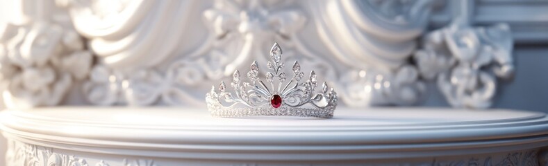 Poster - A decorative tiara with a red gem displayed on an ornate white surface.