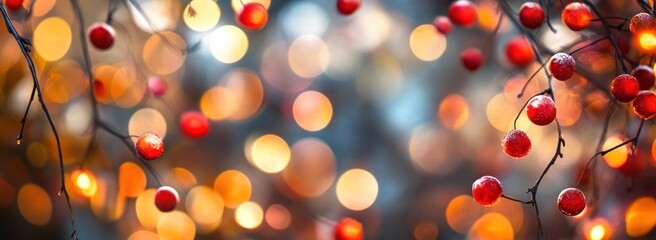 Poster - A blurred background of glowing lights with red berries, creating a festive atmosphere.