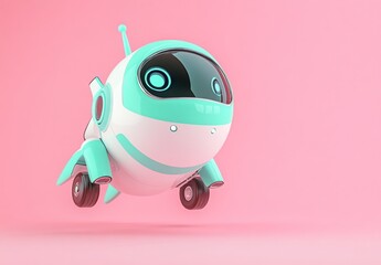 Fototapete - A cute, futuristic robot character with wheels, floating against a pink background.