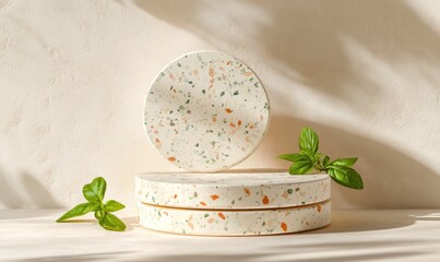 Poster - Three circular, speckled coasters with green leaves against a soft background.