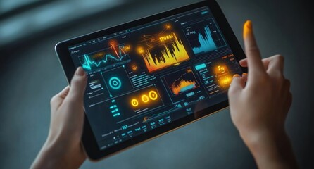 Aufkleber - A person interacting with a tablet displaying data analytics and graphical information.