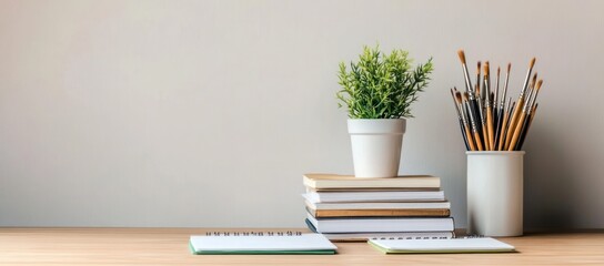 Poster - A minimalist workspace featuring plants, books, and art supplies.