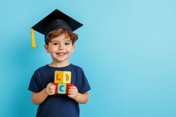 Aufkleber - A smiling boy in a graduation cap holding colorful blocks against a blue background.