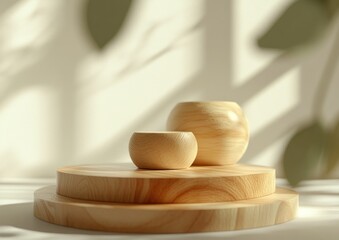 Aufkleber - A serene arrangement of wooden bowls on circular platforms with soft lighting and shadows.