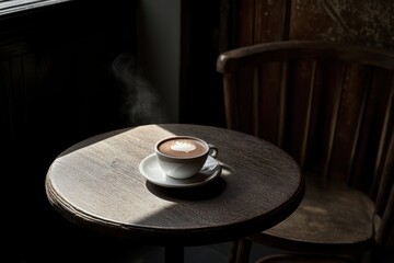 Poster - A steaming cup of coffee on a wooden table, illuminated by soft light.