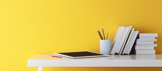 Poster - A minimalist workspace with a yellow wall, tablet, books, and stationery.