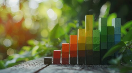 Wall Mural - Colorful wooden blocks arranged as a growing bar graph on a wooden surface with a natural green background represent positive growth and sustainable development