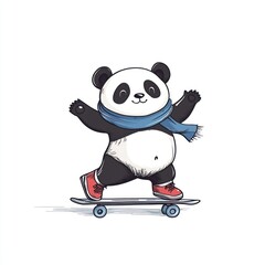 Leinwandbilder - A cute panda skateboarding while wearing a blue scarf and red shoes, exuding a playful vibe.
