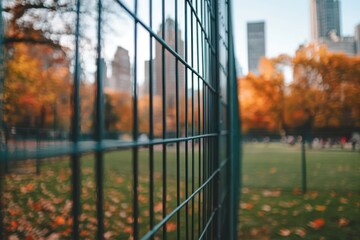 Poster - A fenced area in a park with autumn foliage and city buildings in the background.
