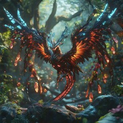 Aufkleber - A mystical phoenix with vibrant colors and glowing elements in a lush forest setting.