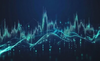 Fototapete - Abstract visualization of sound waves with glowing blue and green lines on a dark background.