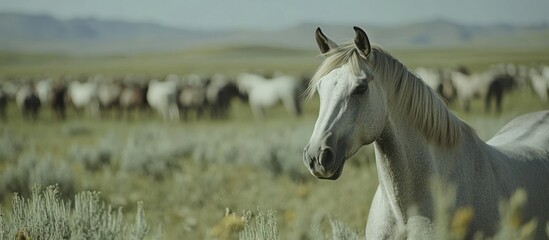 Poster - A gray horse stands in a field, with a herd of horses grazing in the background.