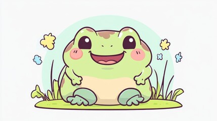 Poster - A cute cartoon frog sitting on grass, smiling with flowers around it.