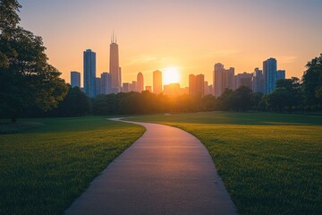 Poster - A serene sunset over a city skyline with a winding path through a park.