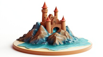 Poster - A whimsical castle model surrounded by mountains and water, showcasing playful design.
